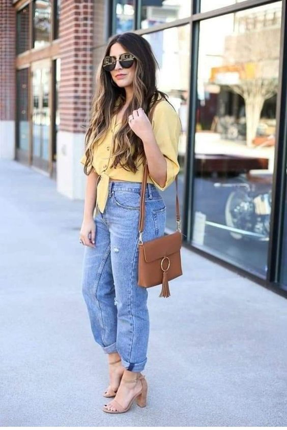 Yellow Blouse with Blue Jeans and Nude Heels 